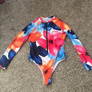 Women Floral Long Sleeve One Piece Pink Orange Blue Swimwear